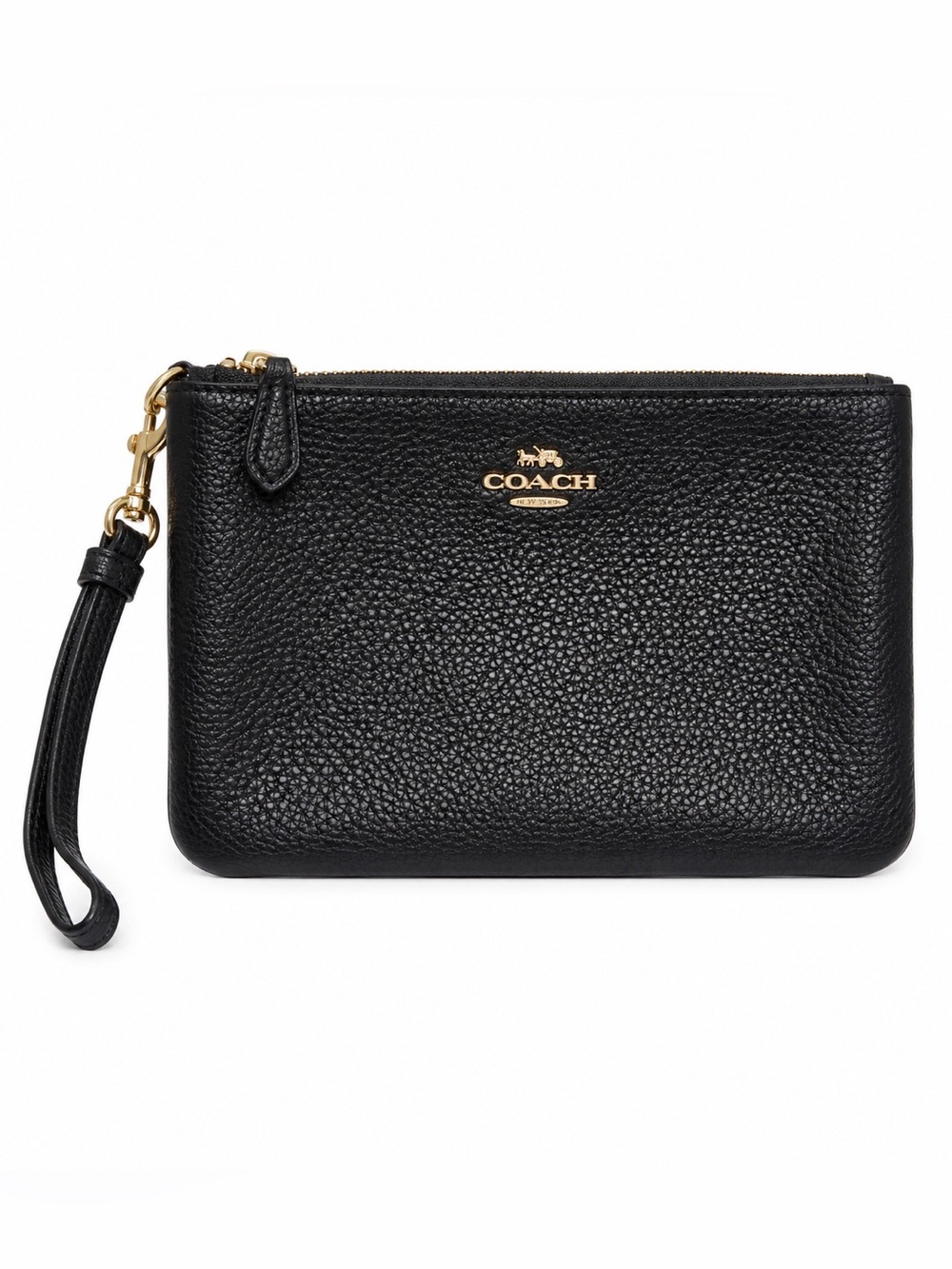 COACH Black Pebbled Leather Wristlet with Gold Hardware
